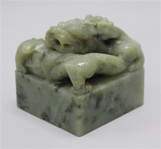 A Chinese green stone dragon seal, 3.25in. (8.3cm)